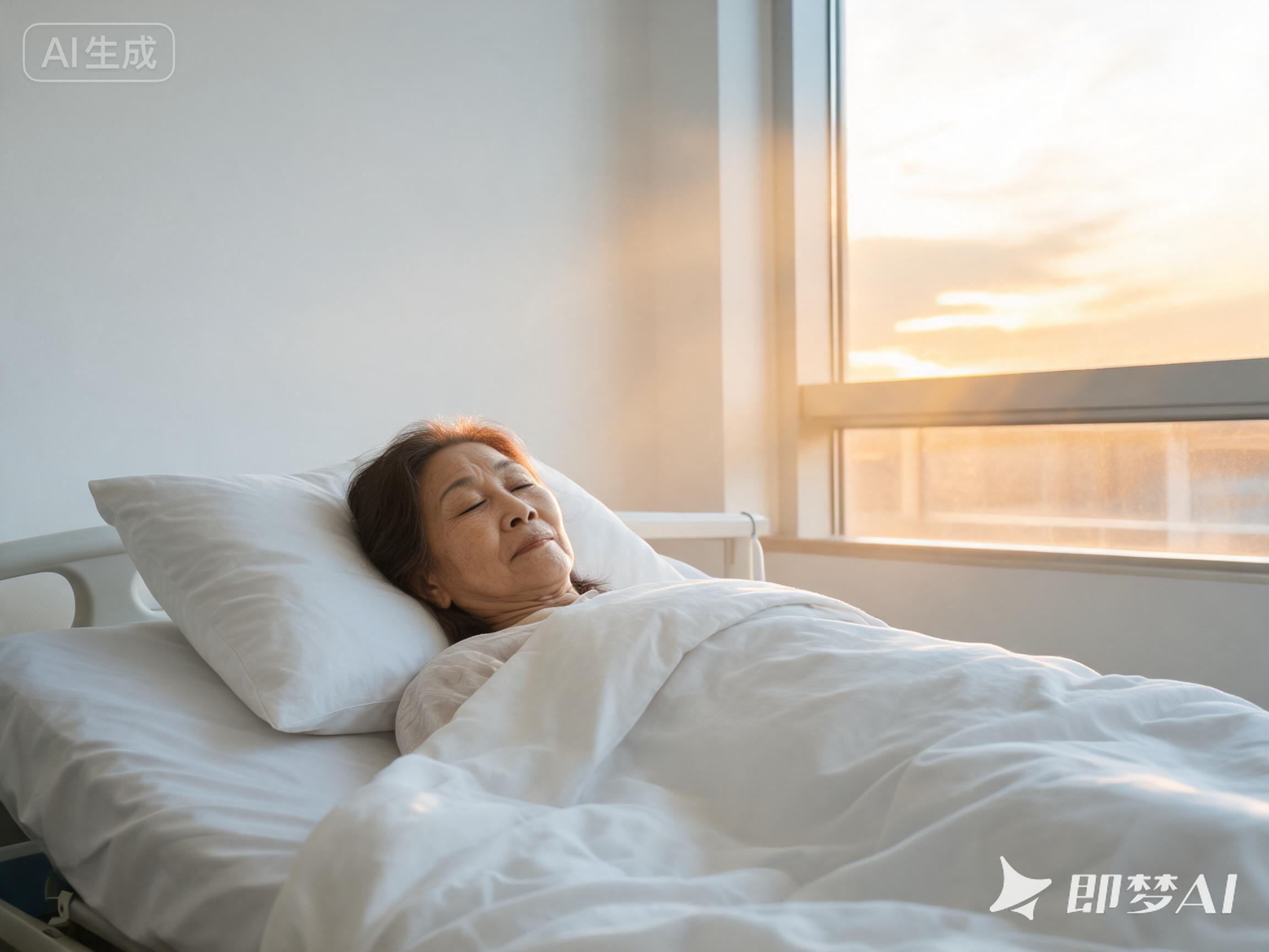 病床前的母亲：于连守在白色病床边，窗外余晖映着岁月的沟壑